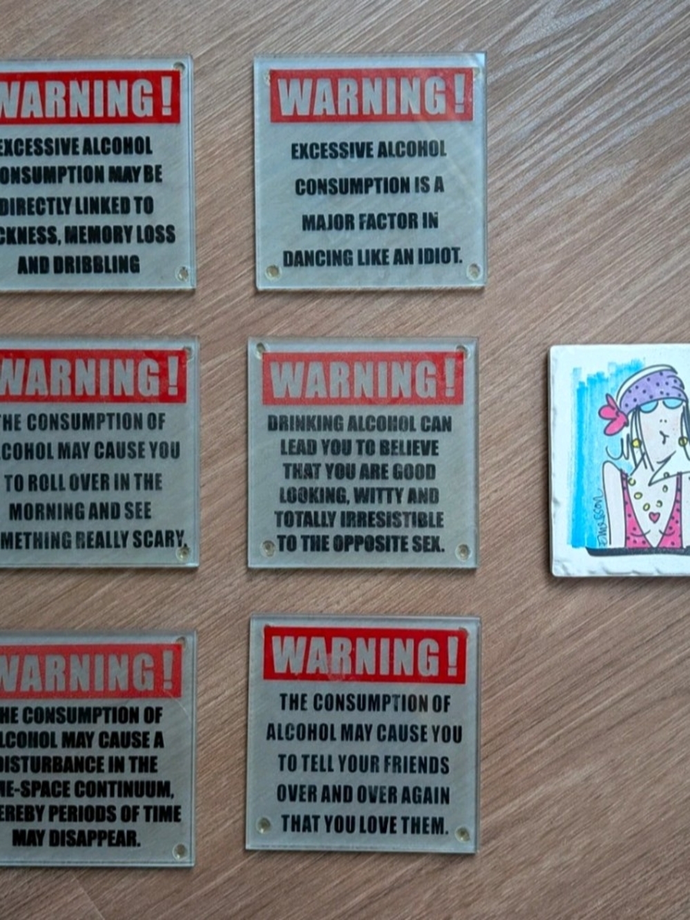 Set of Humorous 'Warning' Coasters - Red and Cream